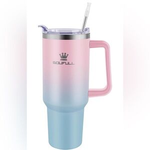 NIB Soufull 40 oz Pink and Blue Tumbler with Handle and Stainless Steel Straw